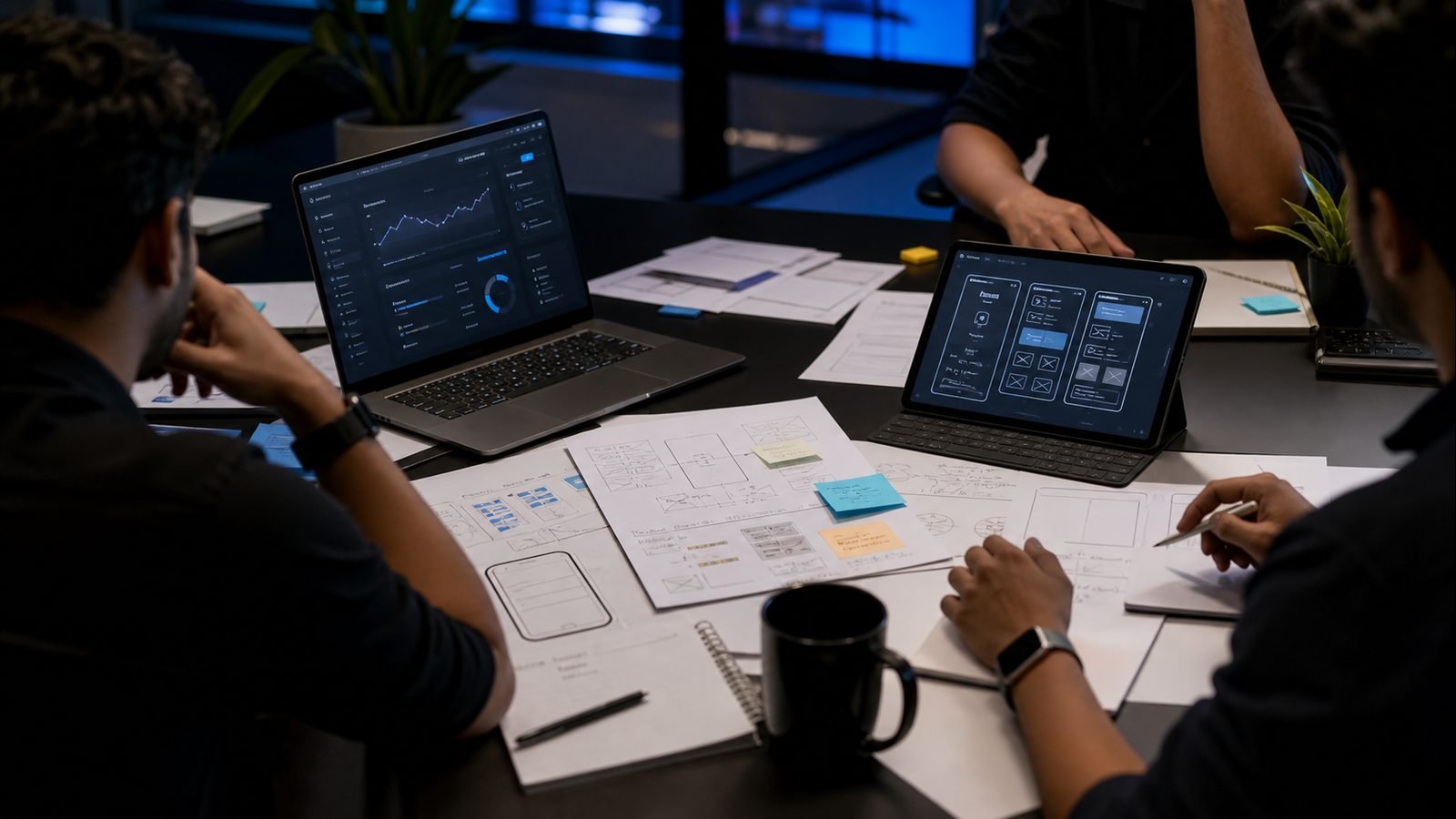 Indian product planning workspace with laptops and workflow sketches without identifiable faces